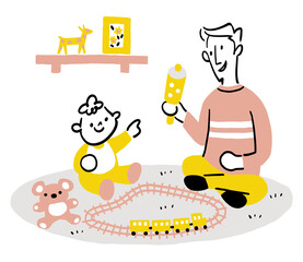 Father playing with baby in the living room Train toys Living room