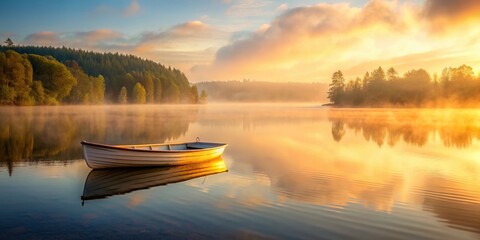 Obraz premium Peaceful lake with a rowboat and misty morning, golden light, serene setting, Lake, rowboat, misty, morning, golden light