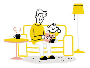 Parents and children reading picture books on the living room sofa. 
