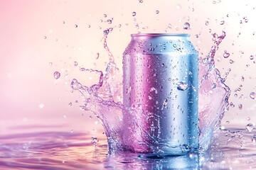 can with drops and aqua splash with scattering splashes on blue background. 3d rendered illustration.
