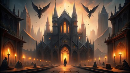 Fototapeta premium A solitary figure approaches a grand gothic cathedral illuminated by torches and surrounded by flying ravens.