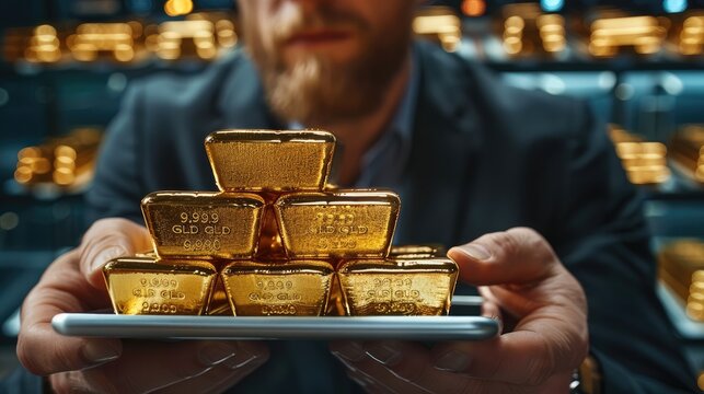 Business man holding gold bars, Financial analyst reviewing gold bullion trends on a digital tablet, with data graphs and charts overlay.