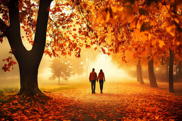 Fototapeta premium Couple Walking in Autumn Park with Orange Leaves on a Foggy Morning, Romantic Fall Scene