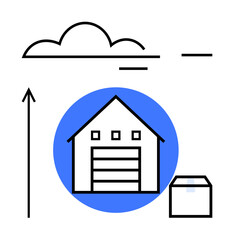 Warehouse with package and cloud symbolizing logistics storage technology, innovation, connectivity, efficiency, and data integration. Ideal for business, automation, and modernization. Line