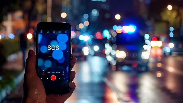 A person urgently contacts emergency services while vibrant lights from rescue vehicles illuminate the urban night. Tension fills the air as help is on the way.