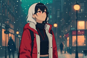 A sporty anime girl wearing a red scarf walks down a snow-covered street, creating a cozy yet dynamic winter scene with a touch of warmth and energy..
