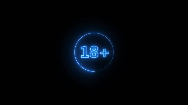 Neon light sign with 18+ on black background.18 Plus movie icon . Adult content. Under 18 years sign. 4K Video motion graphic animation.