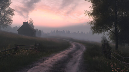 Tranquil Landscape at Dawn with Dusty Pink Hues in a Serene Atmosphere