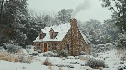 Stone Cottage with Smoke Rising from Chimney in Snowy Woods