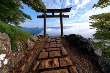 Gothic Japanese torii gate shrouded in mist, with dark vines and a mystical atmosphere