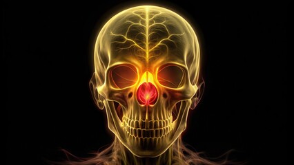 Glowing Human Skull with Intricate Veins and Red Nose