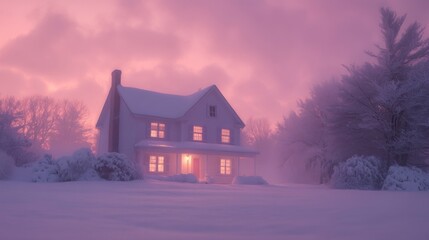A White Farmhouse in a Foggy, Pink-Hued Winter Landscape