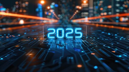 A hologram of the word "2025" floats above the ground in a series of glowing blue lines. The background is dark to highlight the theme. Futuristic technology illustration style.
