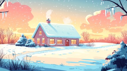Fototapeta premium Cozy Cottage Under a Snowy Winter Sky