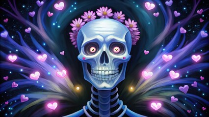 A Skull Adorned with Flowers and Surrounded by Hearts in a Dark Galaxy
