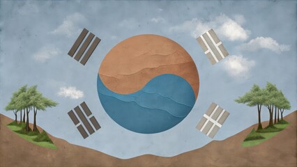 Abstract Illustration of the South Korean Flag with Trees and Hills