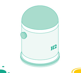 Isometric h2 hydrogen storage tank. Outline object isolated on white background.