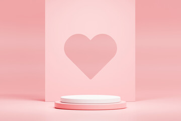 Pink and white podium with heart background, showcase product, love, valentine's day, promotion and discount concept. 3d render
