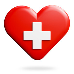 red heart with white cross isolated on white background. Symbol of medicine and first aid, 3d render