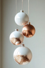 Hanging Christmas baubles in white and copper colors against plain background. Elegant and modern holiday decor with tranquil and minimalistic atmosphere....