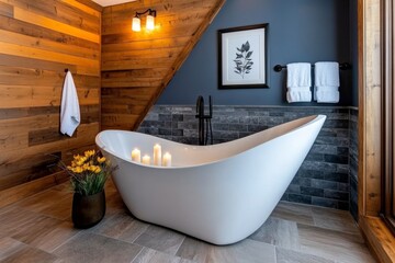 Spacious bathroom with a freestanding bathtub, candles, and fresh towels, creating a spa-like home feel