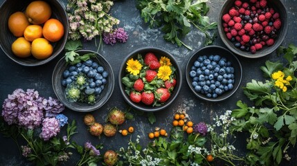 Fresh Fruits and Flowers on a Dark Background