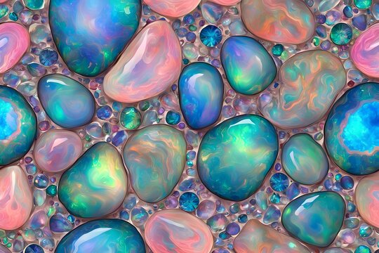 Brilliantly colored opals with swirls of pink blue and green forming a seamless background, Ai Generated