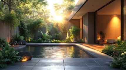 Fototapeta premium Serene outdoor pool surrounded by lush greenery and sunlight.