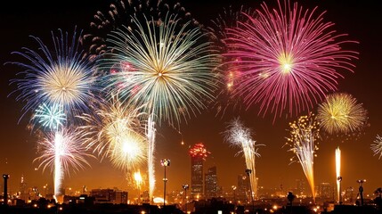 Fototapeta premium Vibrant Fireworks Display Over Cityscape