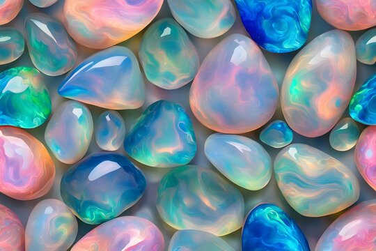 Brilliantly colored opals with swirls of pink blue and green forming a seamless background, Ai Generated
