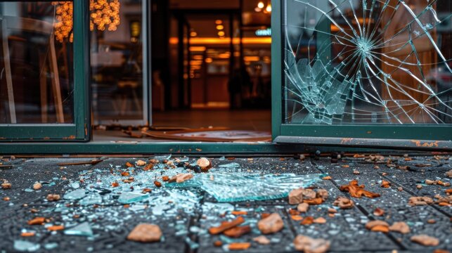 Dim lighting illuminates a broken bank window with scattered glass shards, hinting at recent forced entry and vulnerability. Generative AI