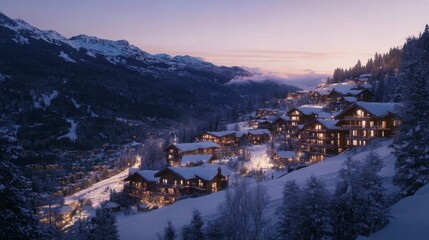 Obraz premium Illuminated Chalet Village Nestled in Snowy Mountains at Dusk