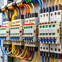 Fototapeta premium An intricate close-up of a circuit breaker reveals detailed components and labels.