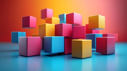 Obraz premium Colorful cubes scattered on a reflective blue surface with an orange and yellow gradient background.