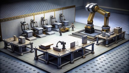 Naklejka premium Futuristic Industrial Factory with Robotic Arms and Workers