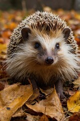 Fototapeta premium Hedgehog on ground covered with brown and yellow autumn leaves