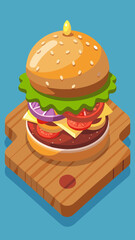 A hamburger with a bun on a wooden board