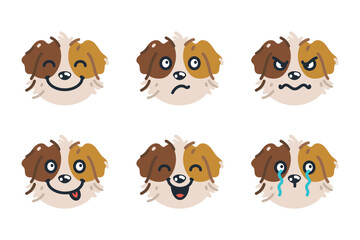 Set of cartoon dog faces in various emotional vector illustrations, perfect for kids' projects. Flat art, isolated, and easy to use, bringing charm to creative design projects.