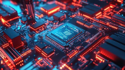 Fototapeta premium Abstract close-up view of a futuristic microchip on a circuit board with glowing blue and red lights highlighting the intricate details and technology design