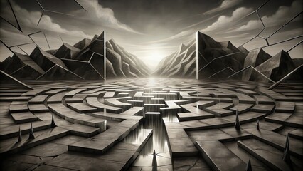 Obraz premium A geometric maze with a waterfall, surrounded by mountains and broken glass