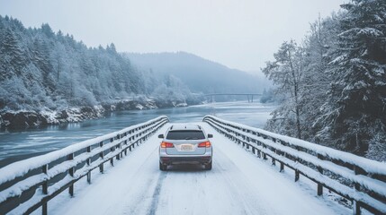 A Single Car on a Snow-Covered Bridge Over a River