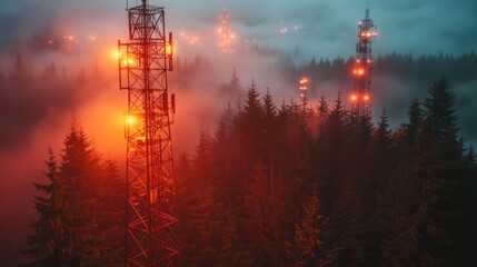 Communication towers illuminated in a misty forest setting.