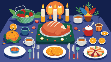 A table with a turkey, vegetables, and other food items