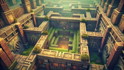 A Stone Labyrinth with Green Patches and Carved Walls