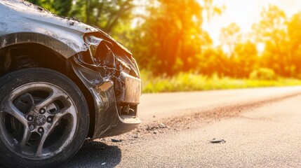 Fototapeta premium Damaged Car After Accident on Road with Sun Shining Through Trees