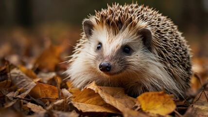 Fototapeta premium Hedgehog nestled in autumn leaves with brown fur and spines