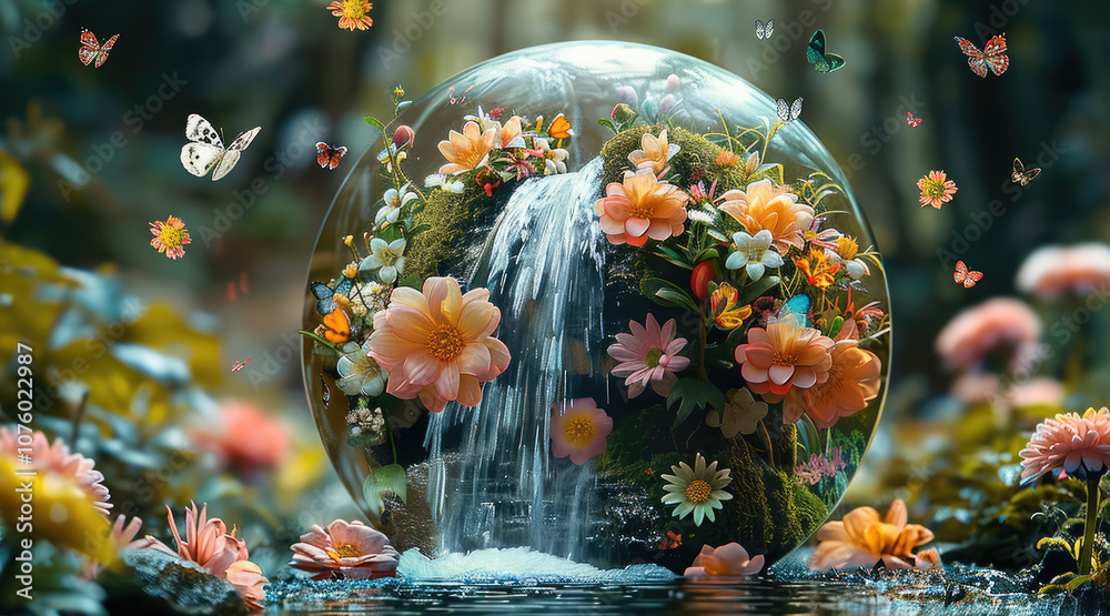 Poster a spherical crystal with many flowers and a waterfall with flying butterflies inside.