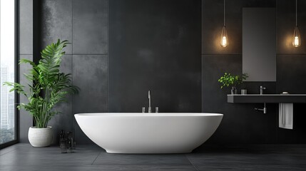 Modern Minimalist Bathroom Design with Freestanding Bathtub, Green Plants, Large Windows, and Industrial Lighting in a Contemporary Stylish Setting