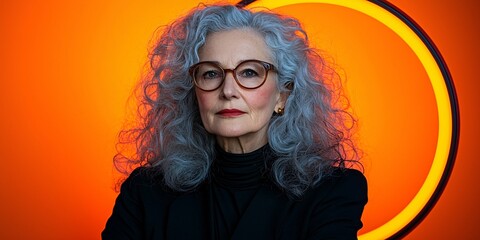 Elegant Senior Woman with Curly Gray Hair and Glasses