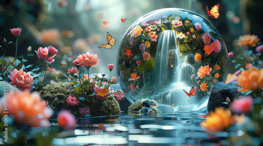 Poster a spherical crystal with many flowers and a waterfall with flying butterflies inside.